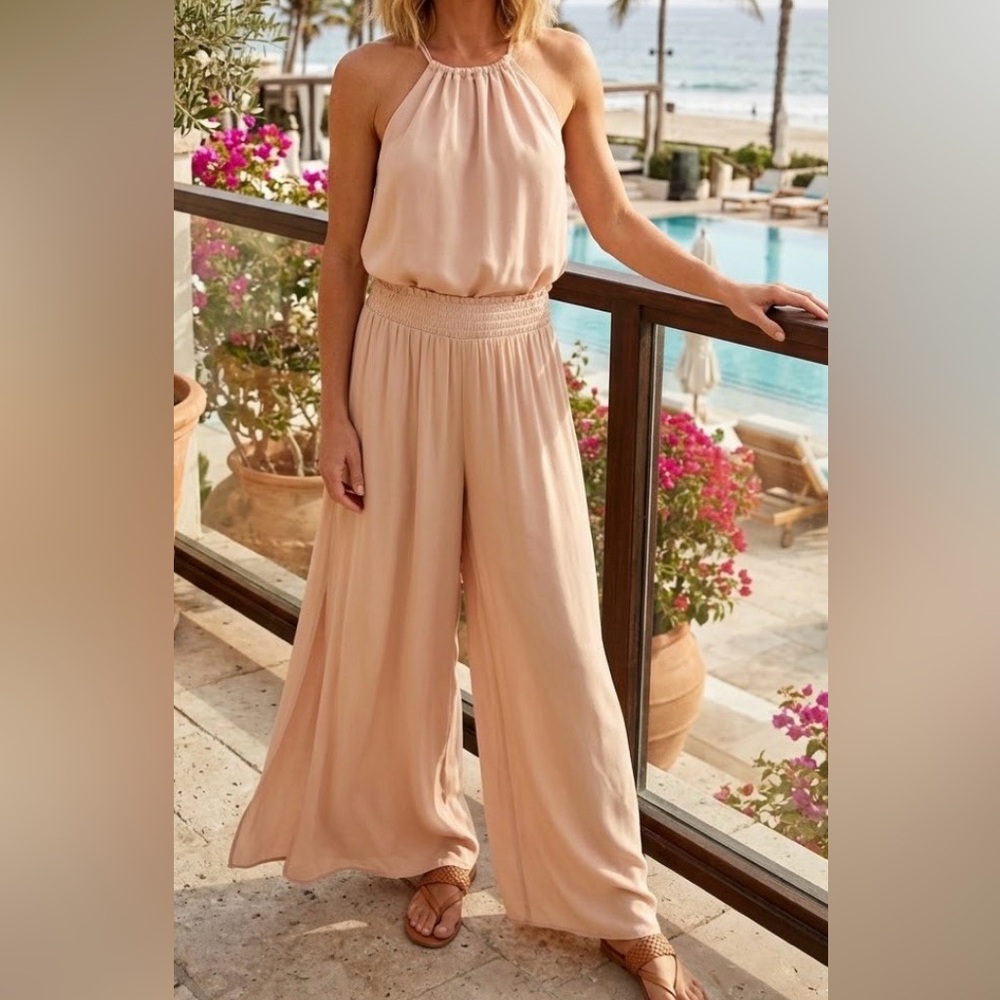 Ramy Brook Athena Pant set, halter crop top, peach pink, side slit beachwear XS